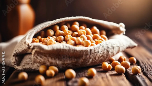 Chickpeas in linen bag. Close up. 