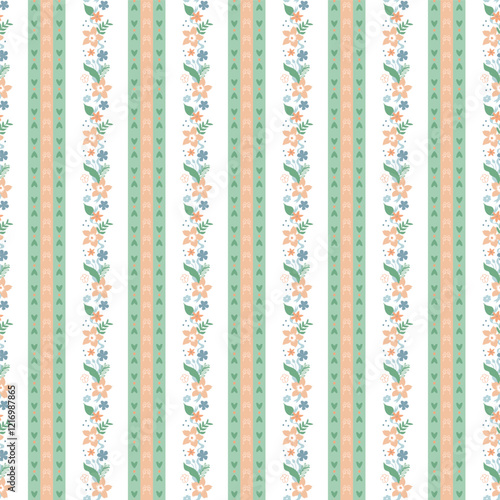 Obraz na płótnie Floral preppy seamless pattern decorated coquette vertical stripes, tiny flowers, ribbon, bows. Retro grandmillennial wallpaper, soft pink and green cute cottagecore print. Vector repeat background. w salonie