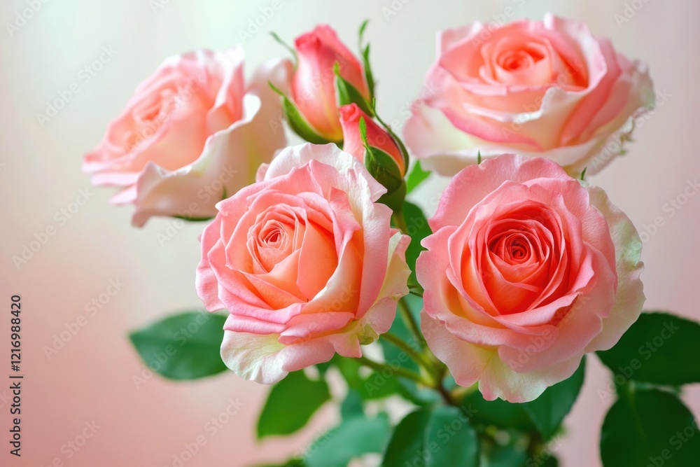 A bouquet of fresh pink roses arranged in a decorative vase A bouquet of fresh pink roses arranged in a decorative vase