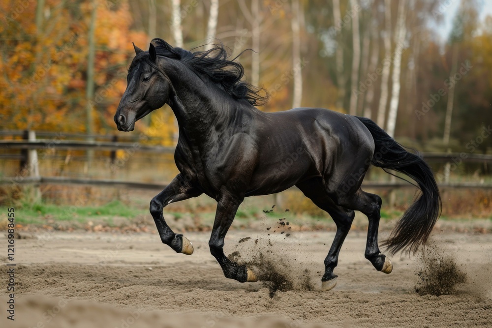 Powerful black horse running fast on a sandy track with its mane flying in the wind Powerful black horse running fast on a sandy track with its mane flying in the wind