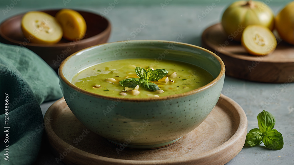 zucchini soup with mint, served in a pastel green ceramic bowl zucchini soup with mint, served in a pastel green ceramic bowl