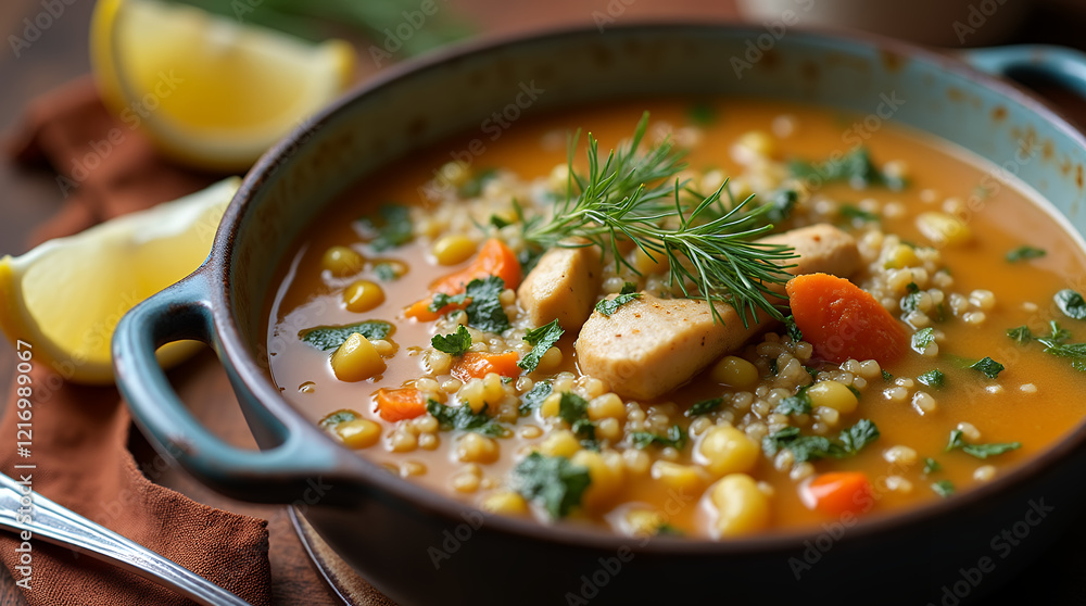quinoa soup with vegetables and chicken, garnished with fresh dill quinoa soup with vegetables and chicken, garnished with fresh dill
