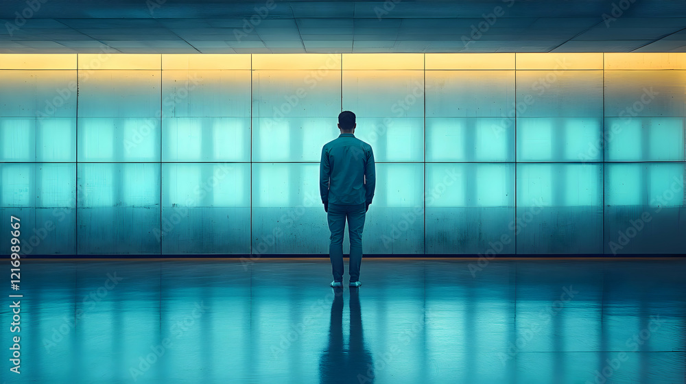 Contemplative Man Gazing Through a Modern Teal-Lit Window Contemplative Man Gazing Through a Modern Teal-Lit Window