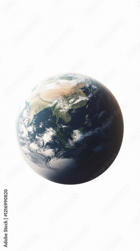 Fototapeta premium A realistic globe depicting Earth set against a white background, showcasing continents and oceans. The image is clear and vibrant, with visible cloud formations.
