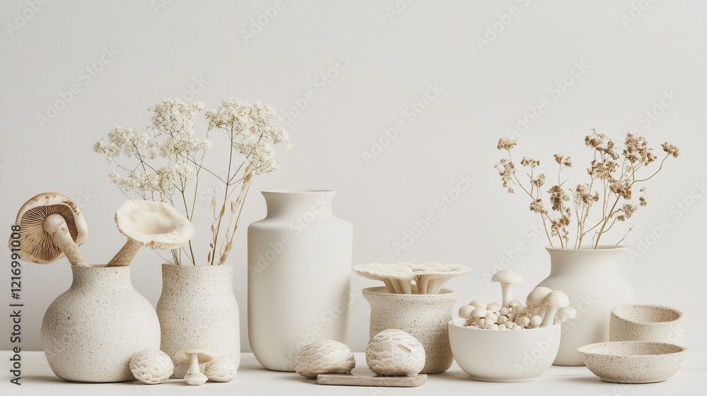Fototapeta premium Minimalist Handmade Ceramic Pottery Arrangement in Neutral Tones for Elegant Interior Design