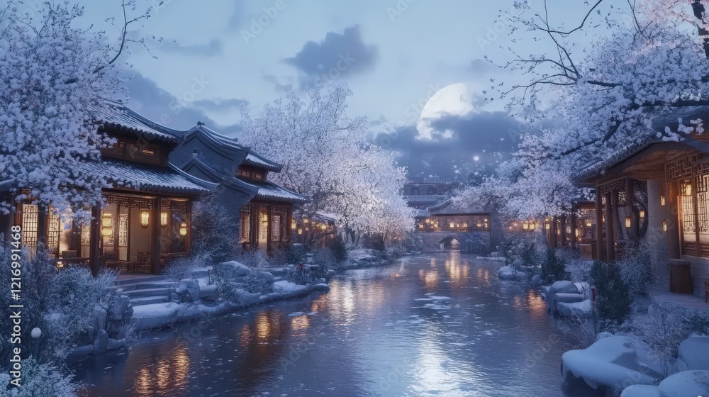 Fototapeta premium In winter, Chinese ancient towns, ancient buildings on both sides of the river, snowflakes fluttering and the moon shining