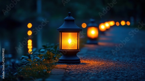 Night path lanterns garden ambiance lighting photo