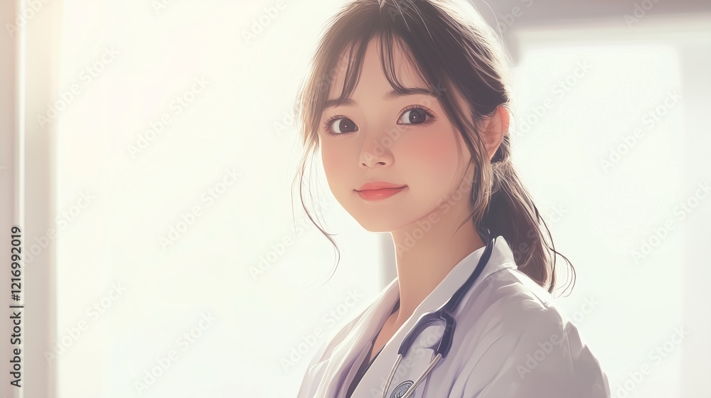 A young healthcare professional stands in a well-lit environment, wearing a white coat and stethoscope, radiating warmth and commitment to providing excellent patient care. A young healthcare professional stands in a well-lit environment, wearing a white coat and stethoscope, radiating warmth and commitment to providing excellent patient care.
