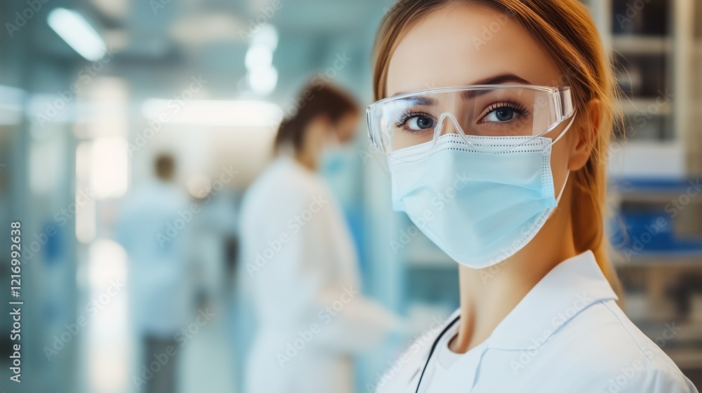 A healthcare worker wears a mask and goggles in a laboratory setting, emphasizing safety while conducting research. Another technician works in the background. A healthcare worker wears a mask and goggles in a laboratory setting, emphasizing safety while conducting research. Another technician works in the background.