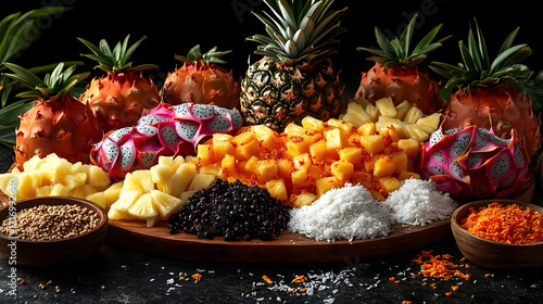 Fototapeta Naklejka Na Ścianę i Meble -  Vibrant Tropical Fruit Platter with Pineapple, Dragon Fruit and Mango