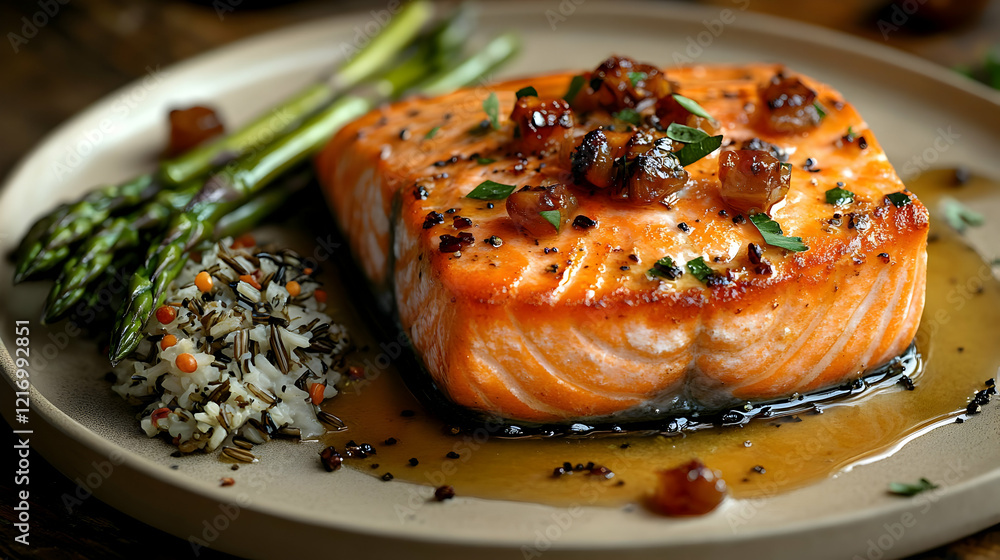 Pan-Seared Salmon with Roasted Asparagus and Wild Rice Pilaf Pan-Seared Salmon with Roasted Asparagus and Wild Rice Pilaf