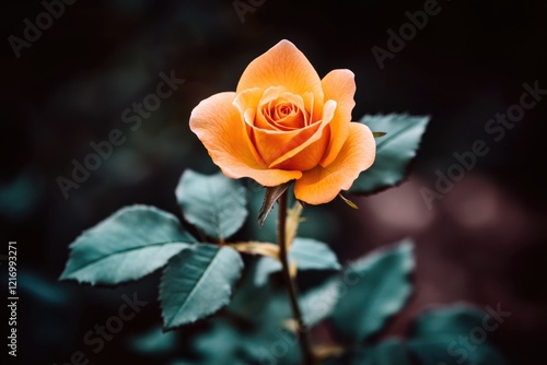 A solitary orange rose with green leaves against a dark background photo