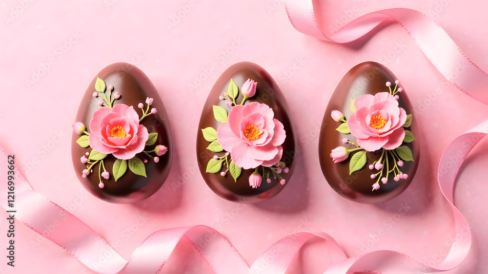 Luxurious handcrafted chocolate Easter eggs with a glossy finish, adorned with intricate pink sugar flowers and delicate green leaves, beautifully arranged on a pastel pink background. Selective focus Luxurious handcrafted chocolate Easter eggs with a glossy finish, adorned with intricate pink sugar flowers and delicate green leaves, beautifully arranged on a pastel pink background. Selective focus
