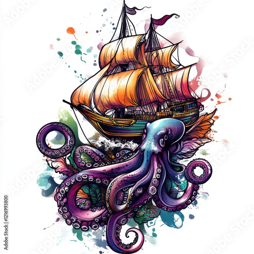 colorful neotraditional tattoo design featuring octopus and ship, showcasing vibrant colors and intricate details. artwork captures sense of adventure and beauty of ocean photo