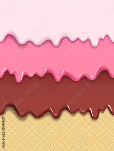 Chocolate and white glaze caramel and pink ice cream melted on waffle background. Seamless pattern sweet ice cream flowing down on cone. Wafer texture and dripping dessert Vector illustration
