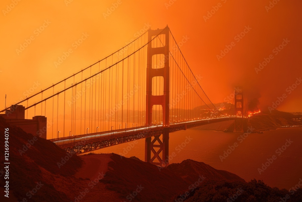 Fototapeta premium The iconic Golden Gate Bridge illuminated at night with a beautiful cityscape