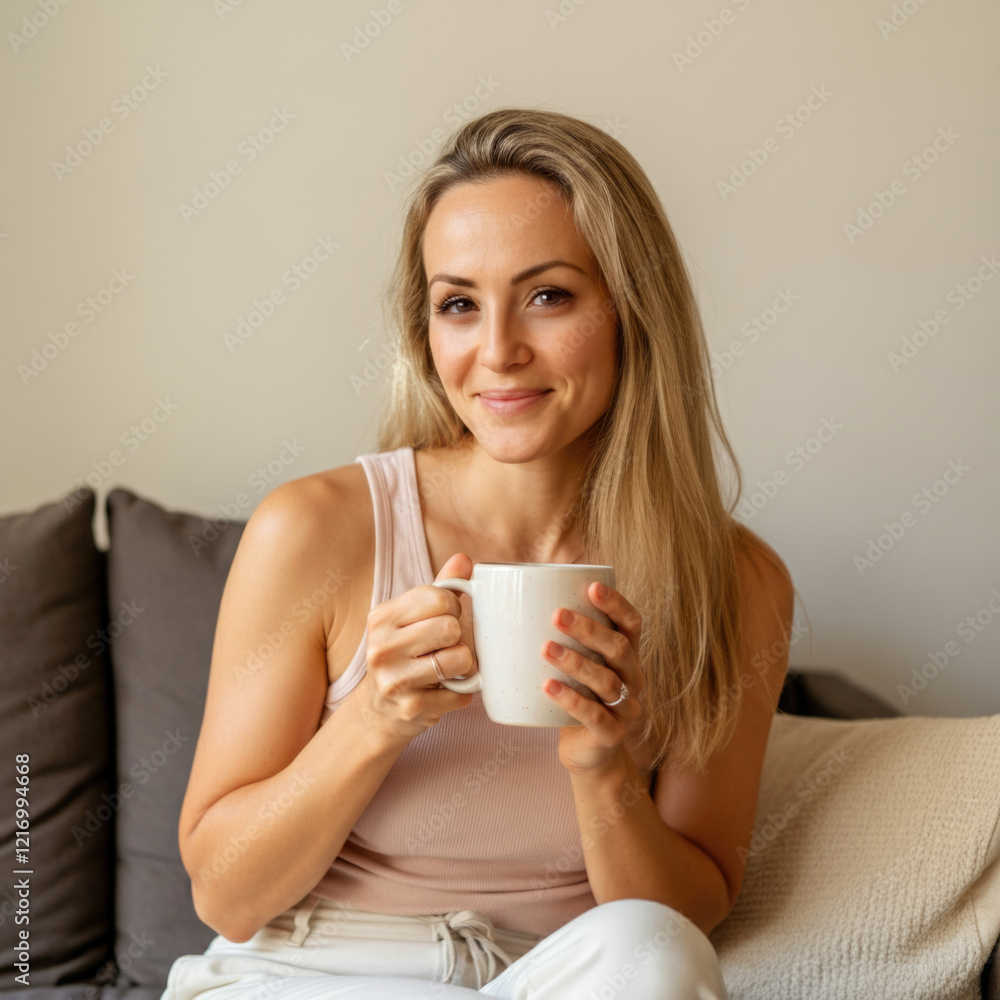Blonde woman relaxing on a couch with coffee cup at home Blonde woman relaxing on a couch with coffee cup at home