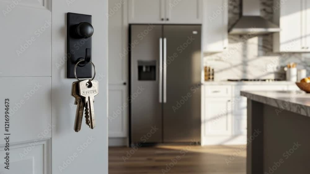 Keys hanging on a door with modern kitchen background representing home security Keys hanging on a door with modern kitchen background representing home security