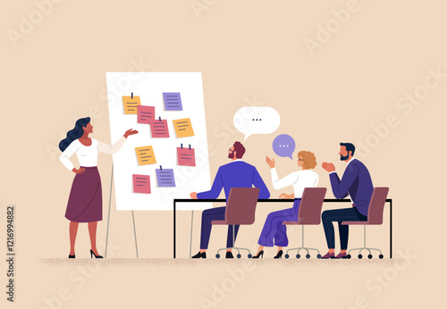 Business Workshop Concept. Vector cartoon illustration of a group of diverse people sitting at a table with a woman standing in front of them next to a board with stickers. Isolated on background