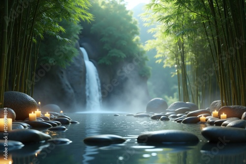 Serene Waterfall  Bamboo Forest  Zen Garden  Candles  Rocks  Tranquil Nature Scene