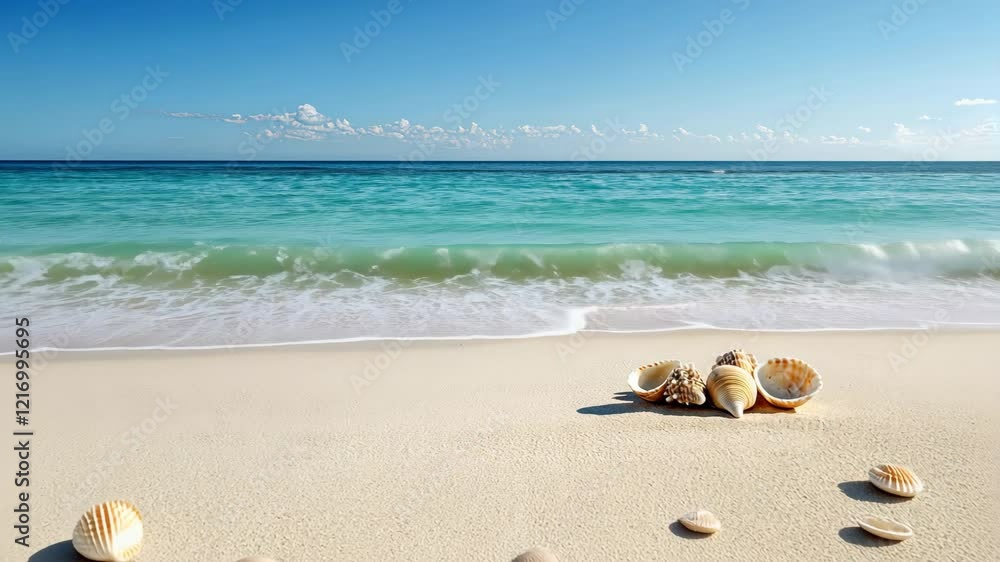 Serene Beach Scene Seashells on Sand, Gentle Waves, and Oceans Embrace Along Coastline Serene Beach Scene Seashells on Sand, Gentle Waves, and Oceans Embrace Along Coastline