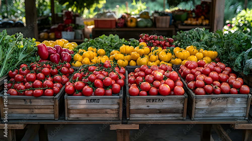 Abundant Harvest of Colorful Tomatoes and Peppers at a Rustic Farm Market Abundant Harvest of Colorful Tomatoes and Peppers at a Rustic Farm Market