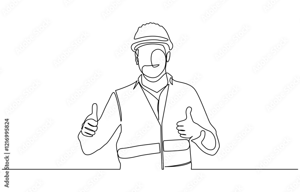 Single continuous line drawing of young construction worker, Engineers man in hard hat, worker with protective headphones on white background continuous one line drawing. Single continuous line drawing of young construction worker, Engineers man in hard hat, worker with protective headphones on white background continuous one line drawing.