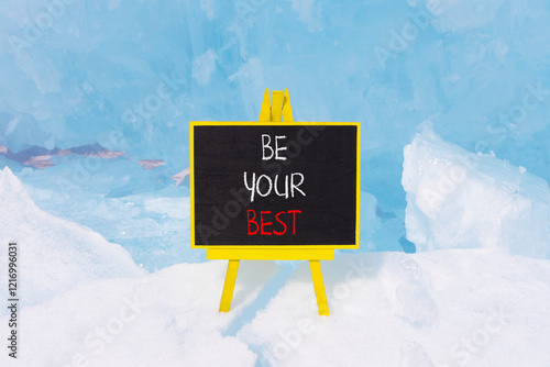 Motivational be your best symbol. Concept words Be your best on beautiful black yellow blackboard. Beautiful blue Baikal ice background. Business motivational be your best concept. Copy space. photo