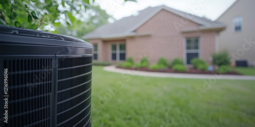 Air source heat pump HVAC system installed on residential building backyard close up detail. photo