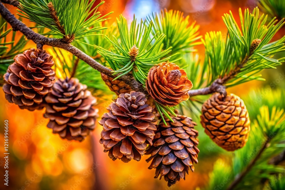 Mature Pine Tree Cones Hanging on Branches, Autumn Sunlight, Copy Space