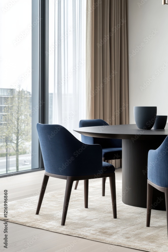A modern dining room features sleek contemporary design with a dark round table and elegant blue chairs. Natural light enhances the minimalist decor. A modern dining room features sleek contemporary design with a dark round table and elegant blue chairs. Natural light enhances the minimalist decor.