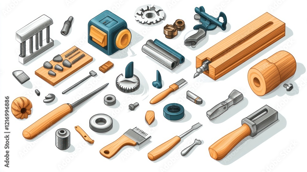 Woodworking tools & parts isometric illustration Woodworking tools & parts isometric illustration