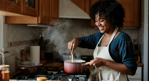 Smiling African American woman cooking on stove with red pot in kitchen
