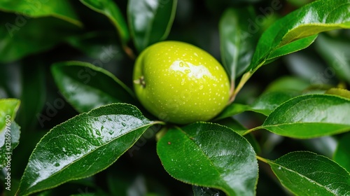 Wallpaper Mural A fresh green apple rests amidst glossy green leaves, glistening with droplets of rain, reflecting nature's essence of purity and rejuvenation. Torontodigital.ca