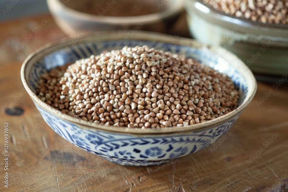 Buckwheat groats are displayed in a decorated bowl, resting on a rustic wooden table, showcasing their natural texture and earthy tones Buckwheat groats are displayed in a decorated bowl, resting on a rustic wooden table, showcasing their natural texture and earthy tones