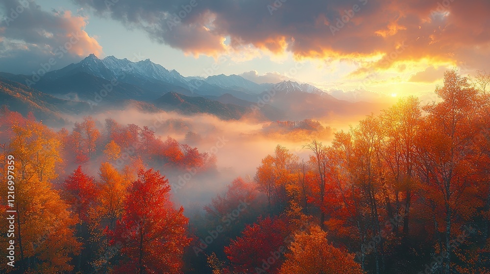 A breathtaking autumn landscape showing vibrant fall foliage under a colorful sunrise, illuminated by a soft mist sweeping over the mountains in the distance, creating tranquility. A breathtaking autumn landscape showing vibrant fall foliage under a colorful sunrise, illuminated by a soft mist sweeping over the mountains in the distance, creating tranquility.