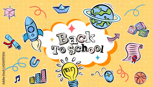 Welcome back to school greeting card or banner concept. A colorful doodle of a rocket, planet, and various study elements on a yellow background. Fun vector illustration for students and teachers.