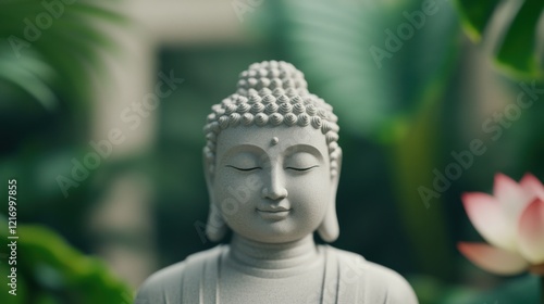 A serene Buddha statue is surrounded by lush greenery, with a blooming lotus flower nearby, creating a tranquil and spiritual atmosphere.