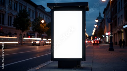 Blank Mockup Of Bus Stop Vertical Billboard On The Sidewalk At Night