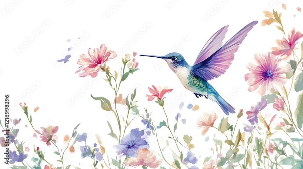 Naklejka premium Hummingbird flying next to beautiful flower isolated on white background.