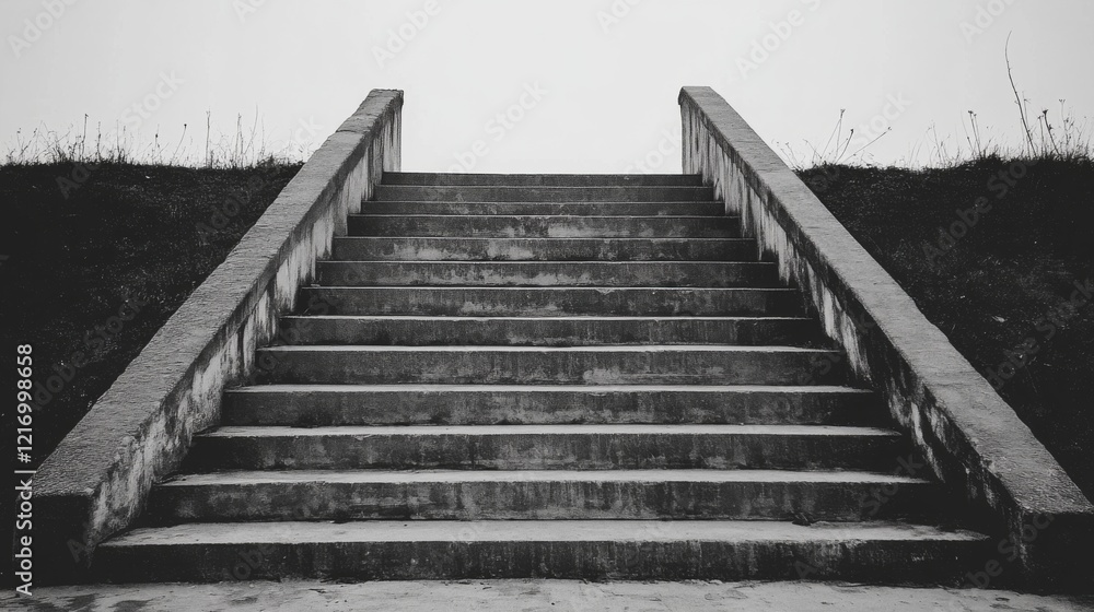 Black and white image of a weathered staircase leading upwards into a foggy background Black and white image of a weathered staircase leading upwards into a foggy background