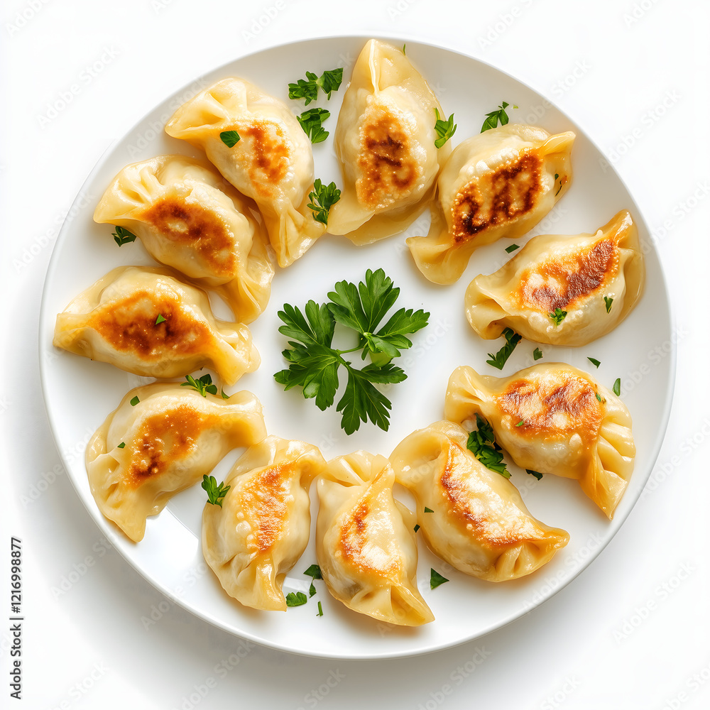 A plate of golden dumplings arranged in a circle g A plate of golden dumplings arranged in a circle g