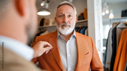 An older gentleman looks at himself in a stylish blazer during a fitting session, showcasing modern fashion trends and timeless elegance for mature men. photo