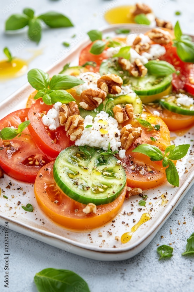 Tomato carpaccio featuring green zebra tomatoes with goat cheese and walnuts on a modern plate Tomato carpaccio featuring green zebra tomatoes with goat cheese and walnuts on a modern plate