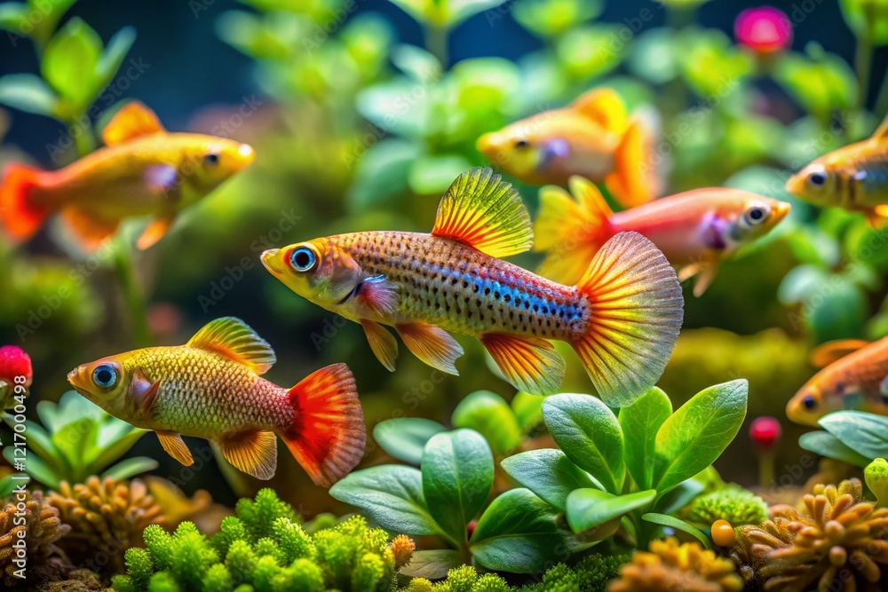 Miniature Killifish World: Vibrant Gardneri & Golden Wonder in a Tiny Aquatic Landscape Miniature Killifish World: Vibrant Gardneri & Golden Wonder in a Tiny Aquatic Landscape