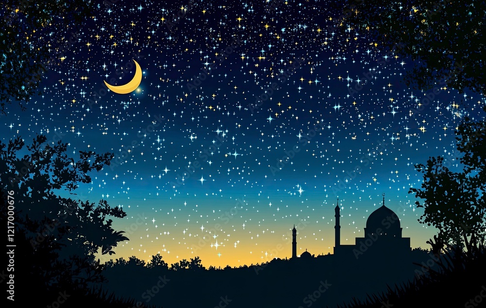 Naklejka premium A vector illustration of the night sky with stars and a crescent moon, a silhouette mosque in the bottom right corner, 