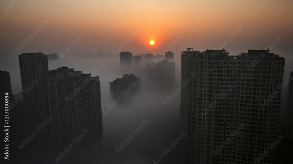 Sunrise Over Foggy Cityscape: A Breathtaking View of Skyscrapers Emerging from the Mist Sunrise Over Foggy Cityscape: A Breathtaking View of Skyscrapers Emerging from the Mist