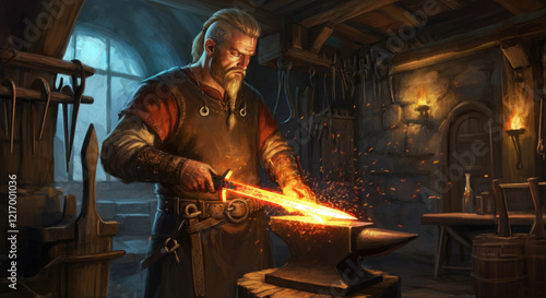 Medieval blacksmith forging sword in workshop with glowing sparks photo