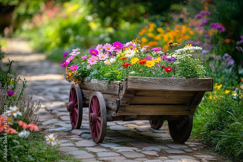 A simple wooden cart filled with wildflowers styled on a garden path. picture A simple wooden cart filled with wildflowers styled on a garden path. picture