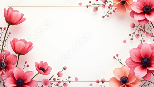 Pink Geranium Flowers Frame on White Background with Gold Border and Tiny Hearts